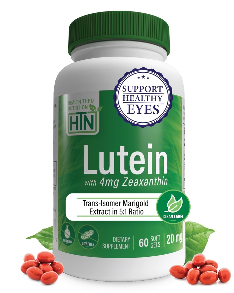 Zeaxanthin 4mg 60 Softgels를 가진 Lutein 20mg | 자연 신생아 5:1 비율에 있는 All-Trans Marigold 추출물 | 건강한 눈, 피부 및 두뇌 지원 | Non-GMO Soy & Gluten Free | Health Thru Nutrition Nutrition