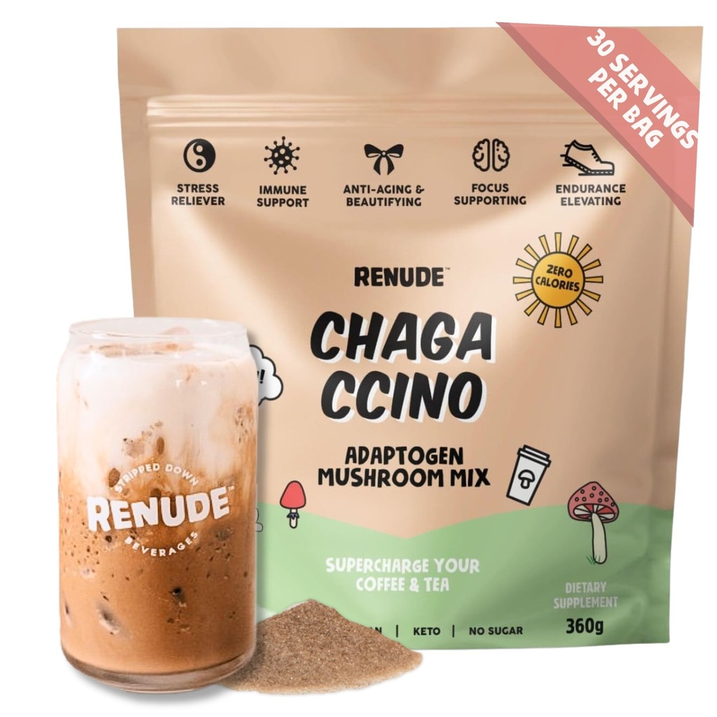 Renude Chagaccino - Chaga 버섯 분말, Adaptogens, 자연 에너지 및 면역 지원, Vegan, Keto, Zero Calorie 버섯 혼합 분말과 버섯 커피 음료 혼합 - 30 서빙