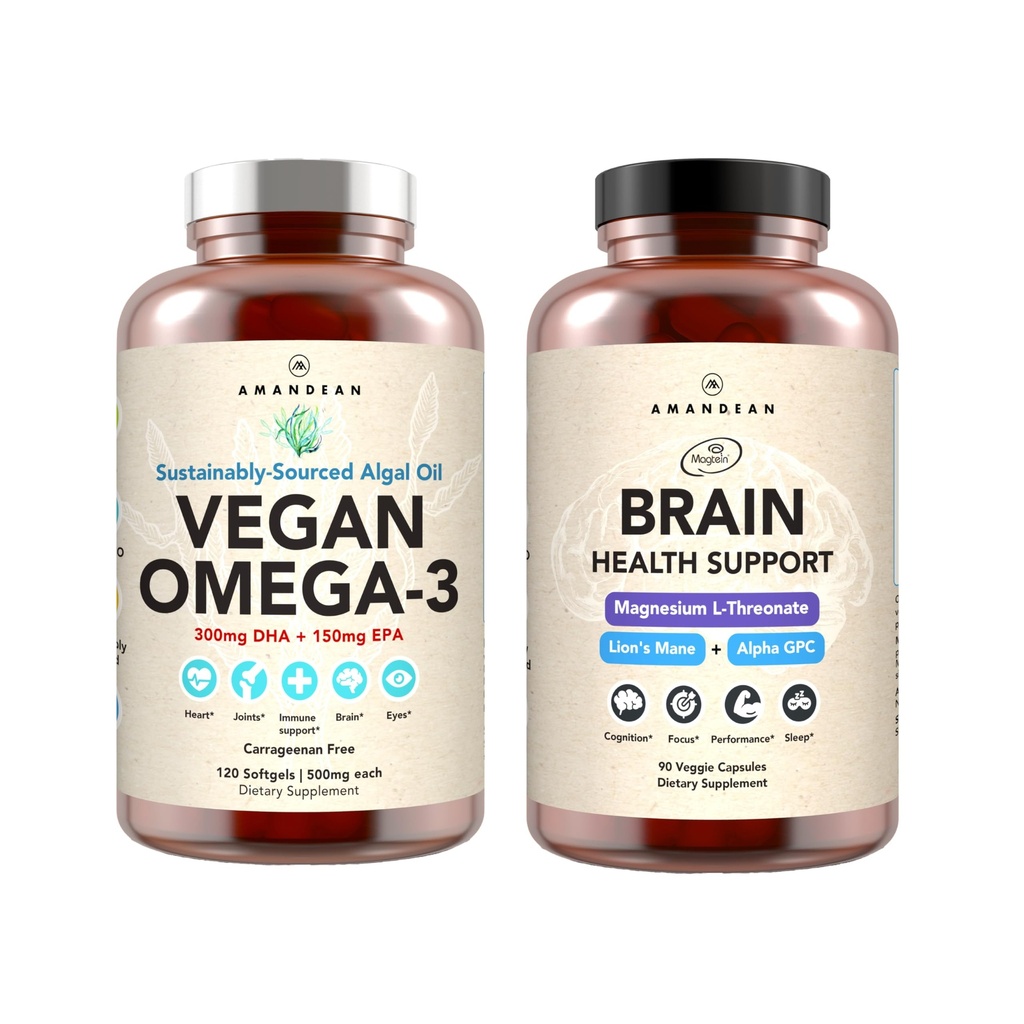 AMANDEAN 두뇌 & Vegan Omega-3 번들 : 마그네슘 스eonate, USA-Grown Lion 's Mane 6 : 1, Alpha-GPC 및 조류 DHA / EPA. 뇌, 눈, 심장 및 피부 건강을위한 식물 기반 필수 지방. 물고기 기름 대안.