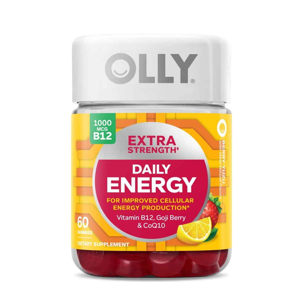 OLLY Ultra Strength Hair, Extra Strength Daily Energy, Biotin, Keratin, 비타민 B12, CoQ10, Goji Berry Gummy Supplement Bundle - 30 카운트, 60 카운트