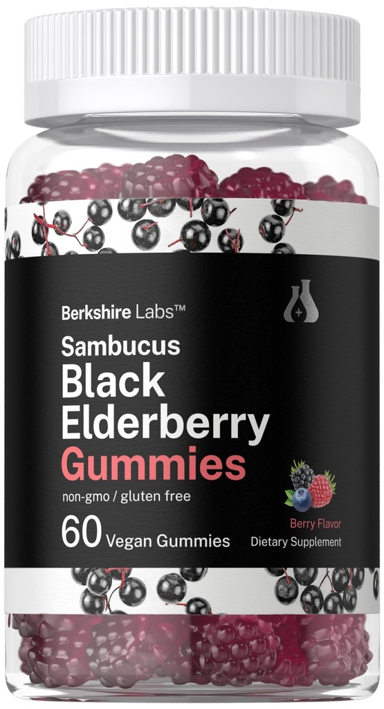 Horbaach Sambucus Black Elderberry Gummies | 60 개 | 아연 및 비타민 C | Vegan, Non-GMO, Gluten Free Extract for Adults | 베리 풍미 | Berkshire Labs