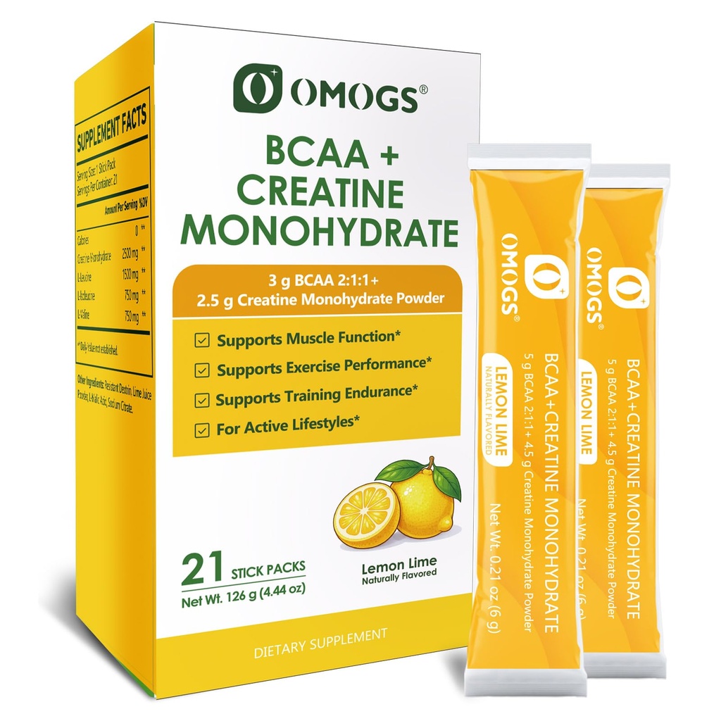 OMOGS Creatine Monohydrate + BCAA Powder, Supports Muscles, Energy, Strength, ATP Production & Endurance, for Women & Men, Keto, Vegan, Gluten-Free