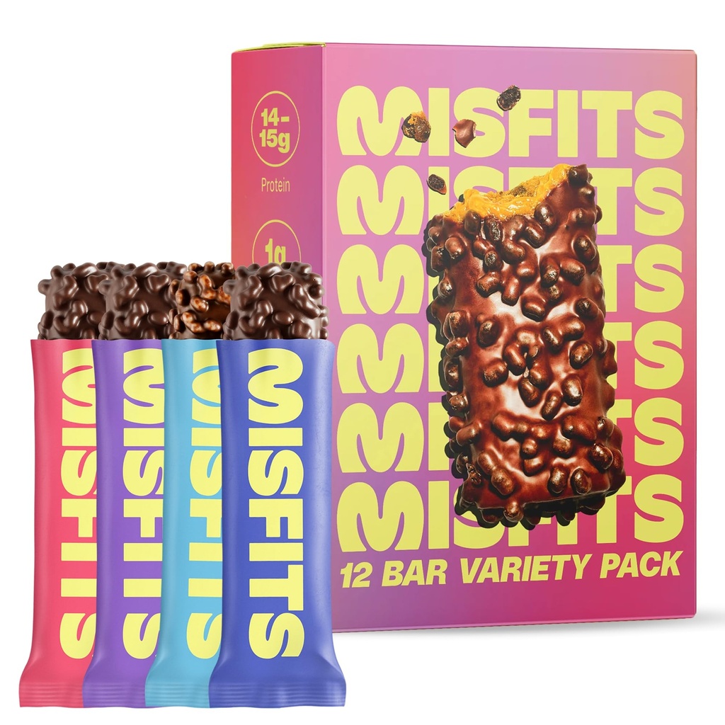 Misfits Protein Bar - 고단백 캔디 바 | 글루텐 프리 플랜트 기반, 낮은 설탕 및 캐비넷, 높은 섬유 스낵 | 12 (4 맛)의 다양한 팩