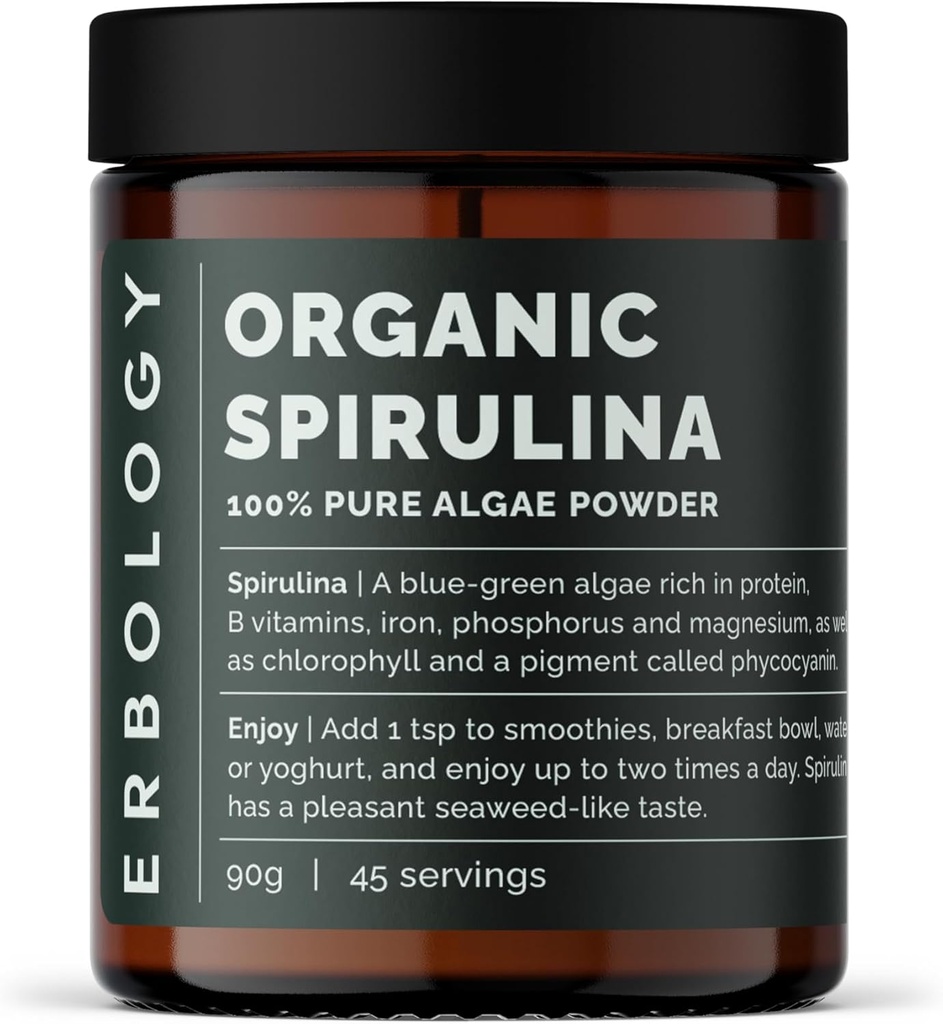 Erbology Organic Spirulina Powder 3.2 oz - 45 서빙 - 포르투갈에서 지속 가능한 Sourced - 에너지 및 면역 지원 - 초록소, B 비타민, 철 및 인에 풍부한 - Vegan - GMO-Free