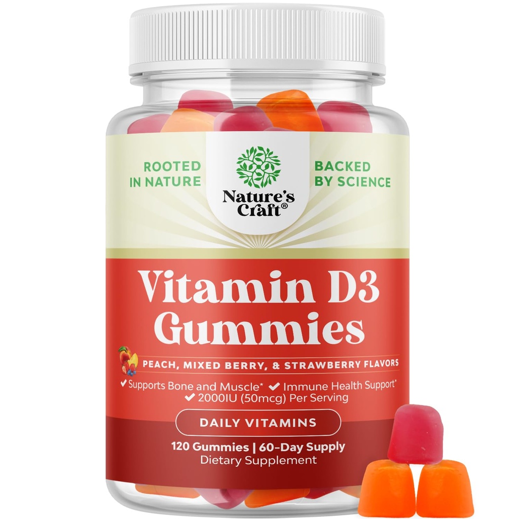 Nature Craft Vitamin D3 Gummies for Daily Wellness - Bone Muscle & Immune Support - Non-GMO Gelatin & Gluten Free (60 일 공급) 당 성인을위한 맛있는 비타민 D Gummies