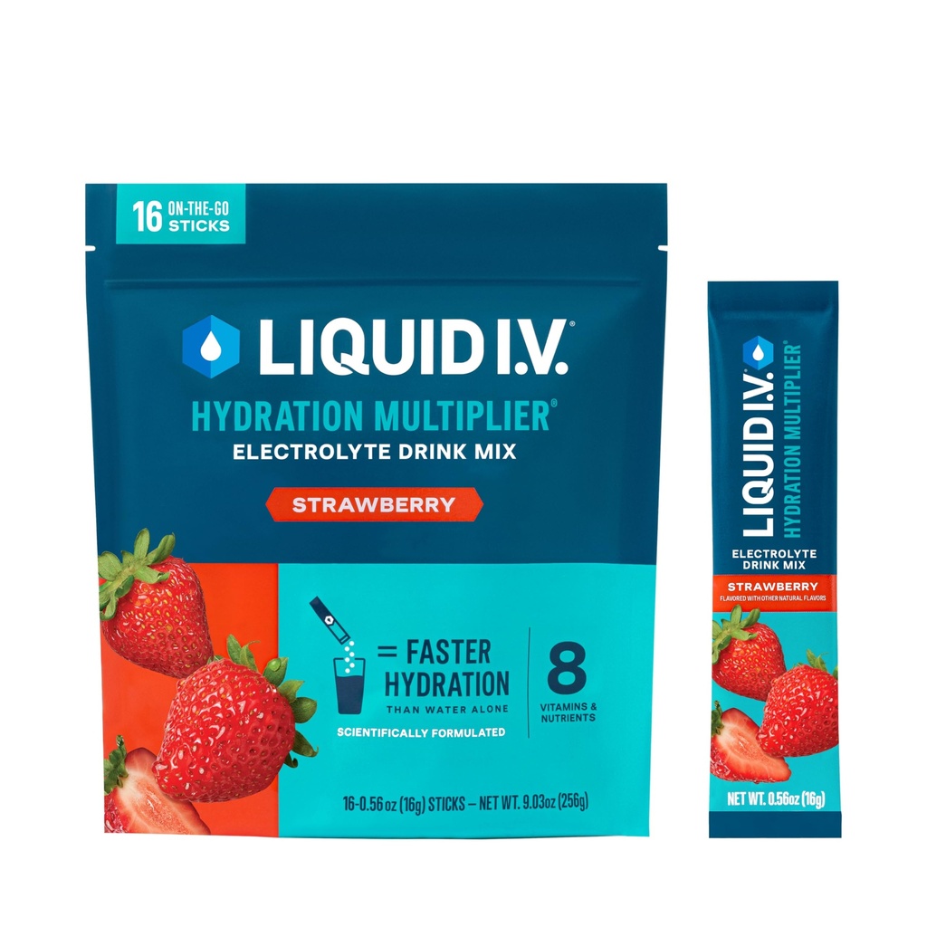 액체 I.V.® Hydration Multiplier -전자 분말 음료 혼합 | 12 팩 (192 서빙) (12 팩 (192 서빙), 딸기)