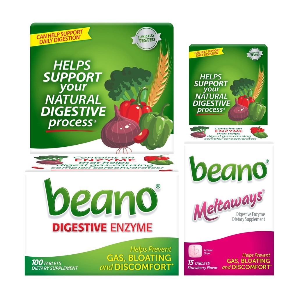 Beano 여분 힘 100ct & beano 딸기 Meltaways 15ct
