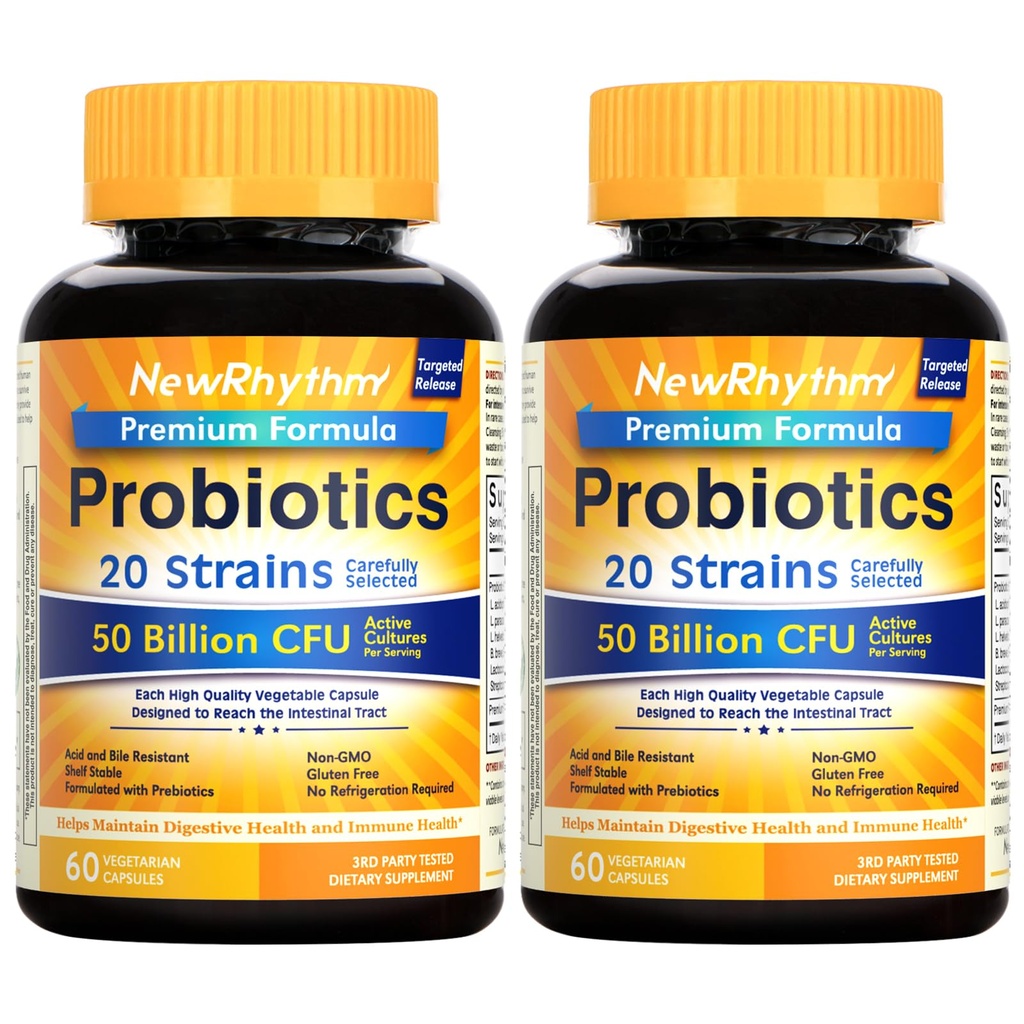 NewRhythm Probiotics 50 억 CFU 20 Strains, 120 Veggie 캡슐, Targeted Release Technology, Stomach Acid resistant, 냉동, 비 GMO, 글루텐 무료 필요