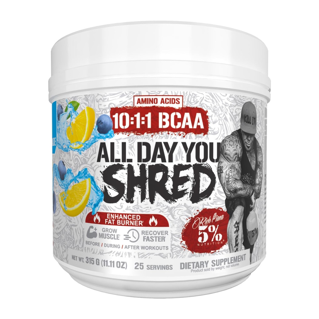 5% 영양 풍부한 Piana AllDayYou Shred BCAA 분말 | 체중 감소를 위한 아미노산 보충교재 | 에너지, Hydration, 내구시간 & 회복 (Blueberry Lemonade)를 위한 엘리트 뚱뚱한 불타는 전 운동