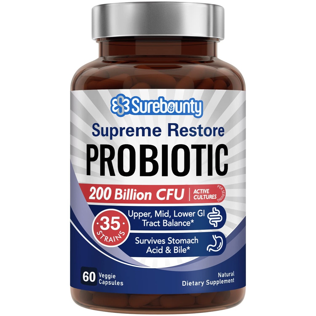 남자 & 여자를 위한 프로 바이오 틱, 200 억 CFU 35 Strains, 프리 바이오 틱스 + 소화 효소, Supreme Restore Probiotic 보충교재, Upper, Mid, Lower GI Tract Balance, 60 Veggie 캡슐, 1 달