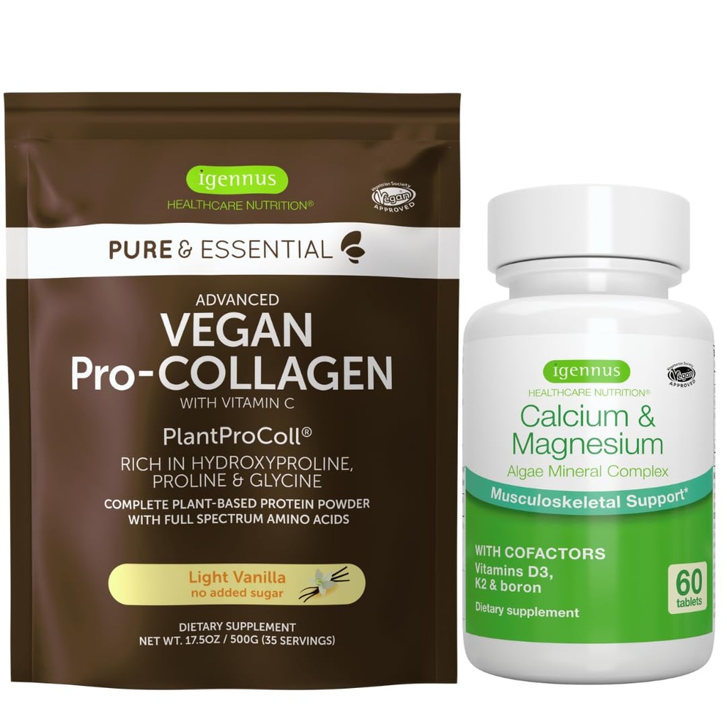 Vegan Vanilla Collagen Protein Powder + 칼슘 및 마그네슘 복합 번들, Igennus의 포괄적 인 뼈 지원