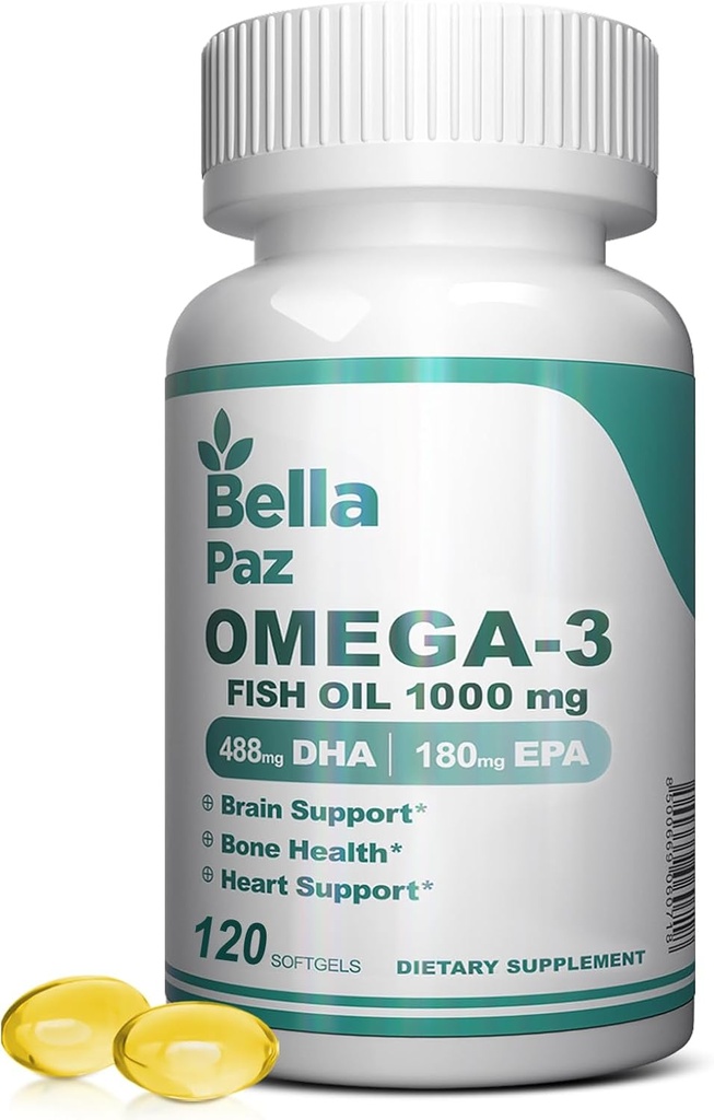오메가 3 FishOil 보충 교재 - 1000mg 물고기 기름 788 mg 오메가 3 지방산 Burpless, 근육 뼈 심장 뇌 지원과 건강을 위한 488 DHA & 180 EPA, 남자와 여자를 위한 보충교재, 120 Softgels