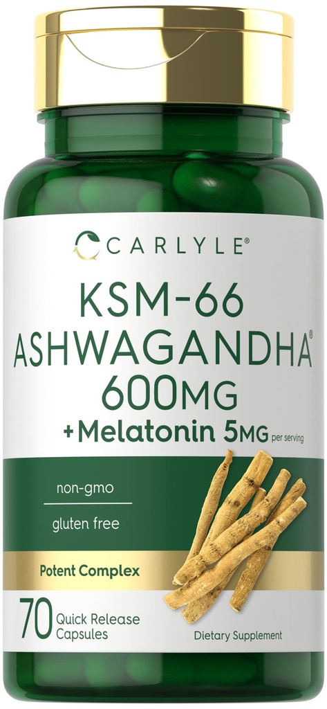 Carlyle KSM-66 Ashwagandha 캡슐 600mg | 70 개 | Melatonin 5mg | Potent Complex | Non-GMO, 글루텐 프리