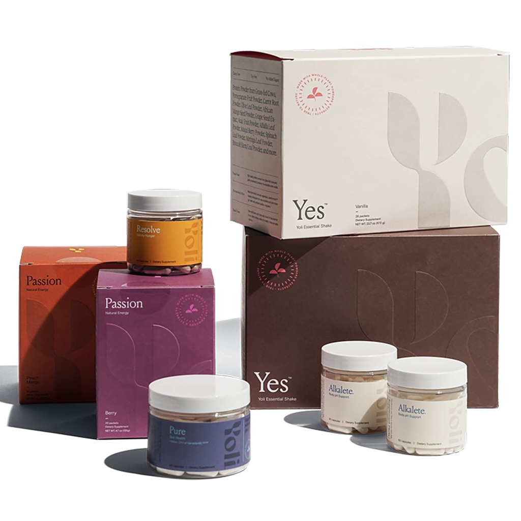 Yoli® Transformation 키트에는 YES, Passion, Alkalete, Pure, Resolve 및 The Better Body System 28-Day Program T-Kit(플라자 Vary)가 포함되어 있습니다.