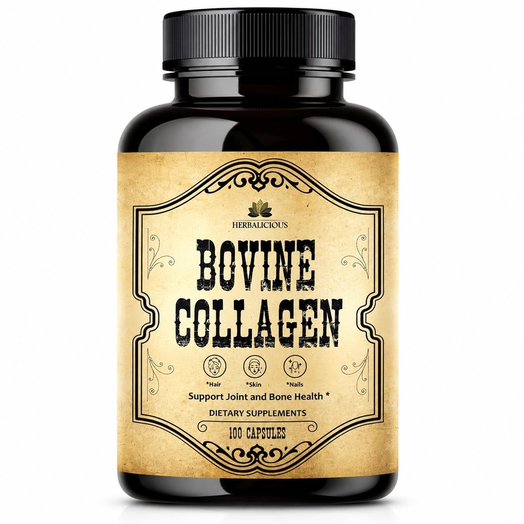 HERBALICIOUS Bovine Collagen은 남성과 여성을 위해 보충합니다 | Hydrolyzed Grass-Fed Bovine Collagen Peptide | 합동, Nerve & Bone Support | Non-GMO, 노화 방지 | 100 캡슐