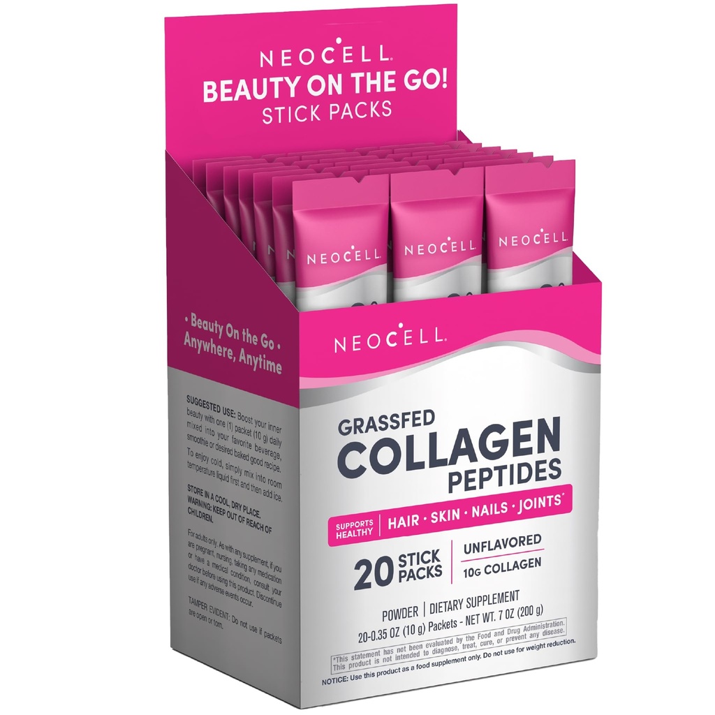 NeoCell Super Collagen Peptides, 10 g Collagen/Single-Serve Packet; Keto Certified, Gluten Free; 건강한 피부, 헤어, 손톱 및 관절 지원; * 불발한 분말, 20 Servs, 7 Oz.