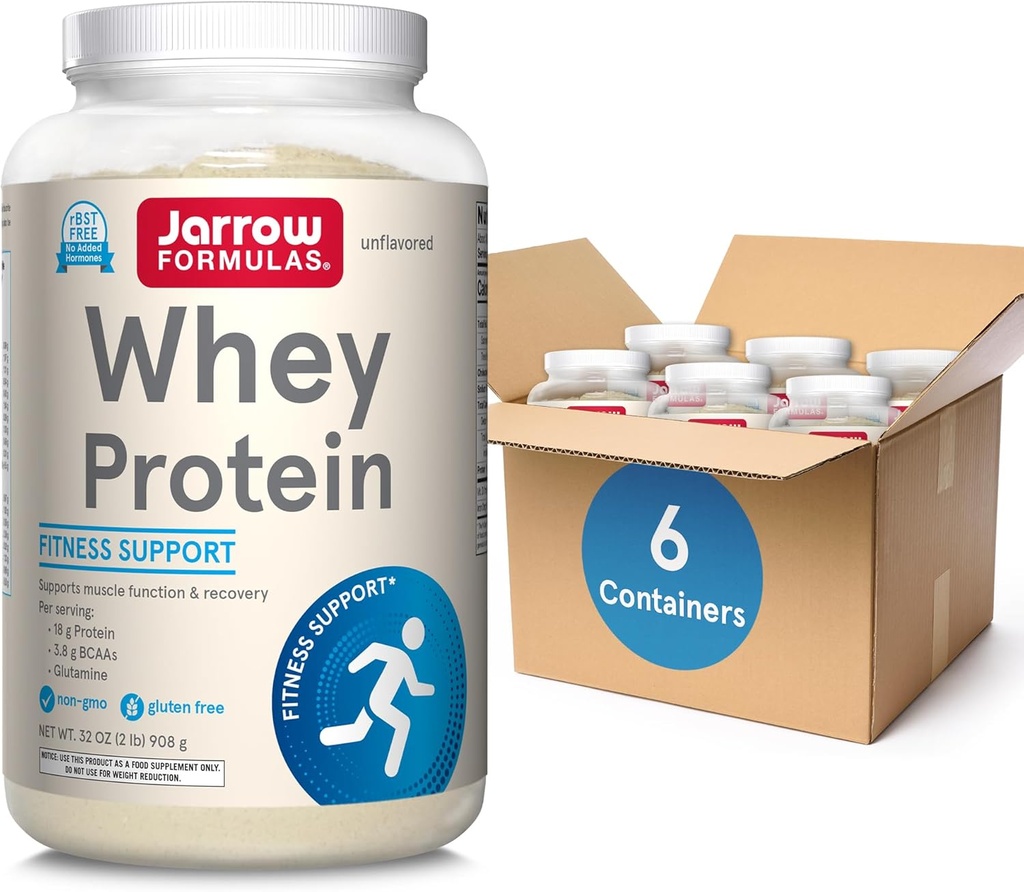 Jarrow Formulas Whey Protein with 18g of Protein, 3.8g of BCAAs, 글루타민, 근육 기능 및 회복 지원, 32 oz Unflavored Powder, 약 38 일 공급, 6 팩