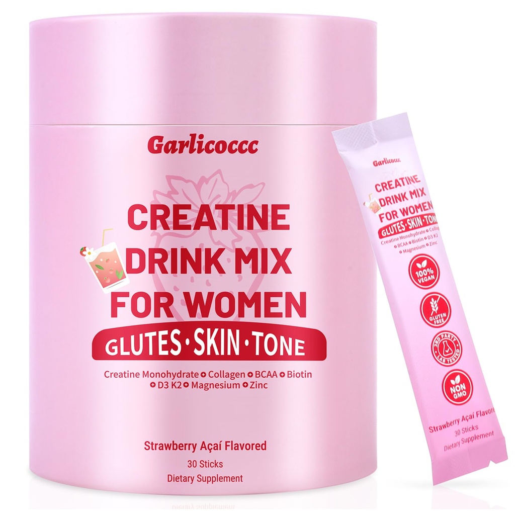 Creatine Powder for Women–Creatine for Women | Creatine Monohydrate + BCAA Powder Myo-Inositol Collagen Biotin Hyaluronic Acid Folate L Glutamine Vitamin D3 Iron Zinc Strawberry Flavor–30 Sticks