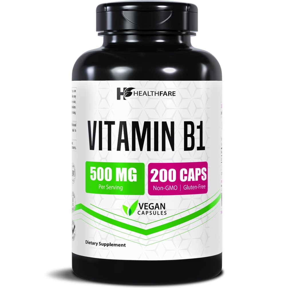 Healthfare Vitamin B1 (Thiamine) 500mg | 200 Vegan Capsules | Extra Strength High Potency Supplement | Energy & Nervous System | Non-GMO, 글루텐 프리 | 미국