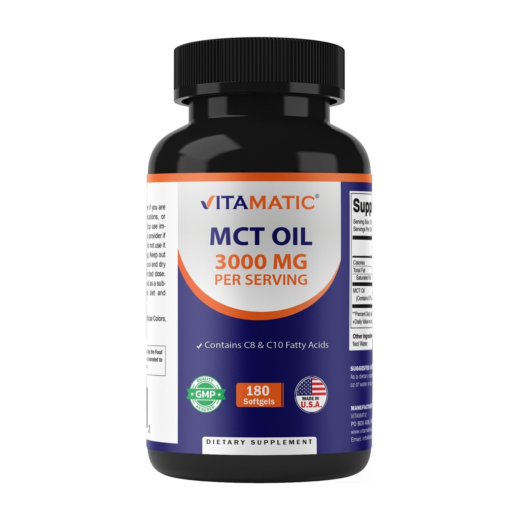 비주얼 MCT 서빙 당 기름 3000 mg - 180 Softgels - 코코넛 오일에서 - 55% caprylic 산성 C8 및 40% capric 산 C10를 포함합니다