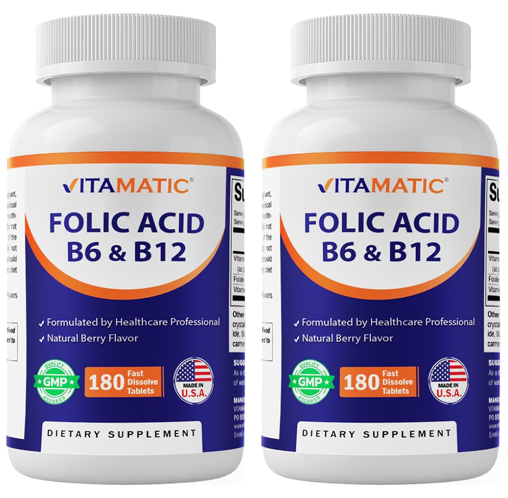 Vitamatic 2 Pack Folic Acid, Vitamin B12 & B6 – 180 Fast Dissolve Tablets Heart Health, Energy Production & Red Blood Cell Support