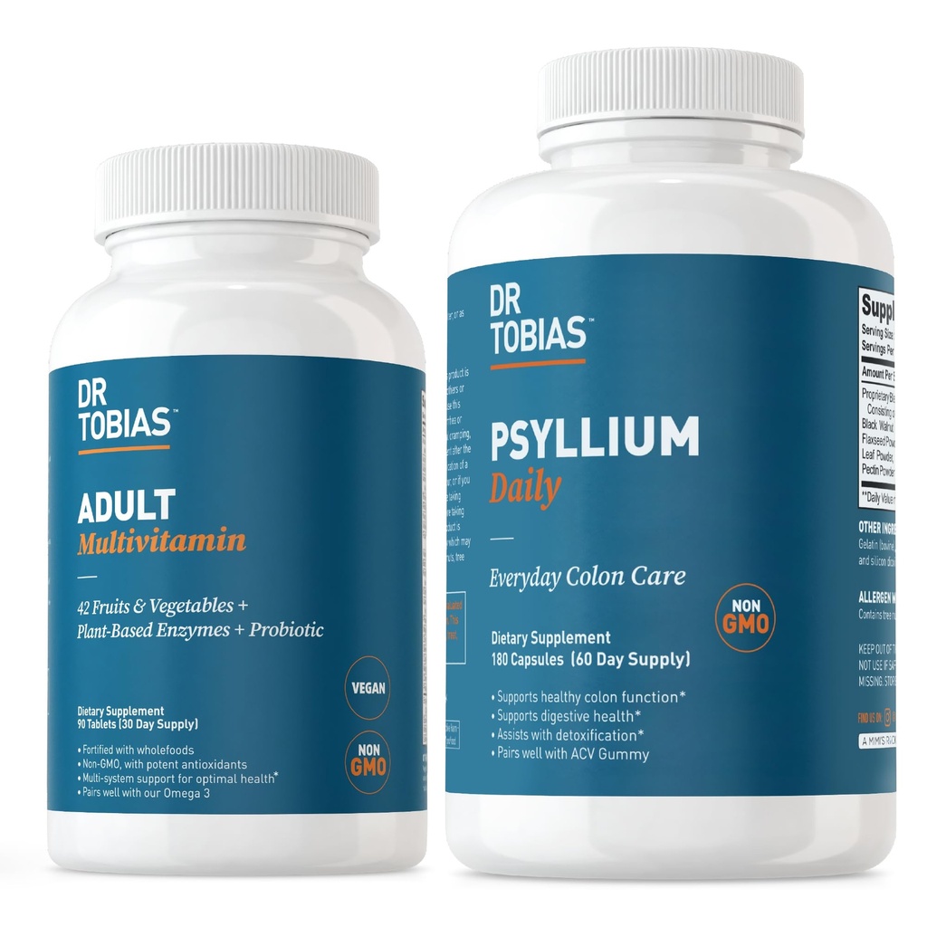 Tobias 성인 Multivitamin & Psyllium 매일 지원 에너지, Immunity & 42 과일과 건강한 Bowel 운동 & Vegatables, Psllium Husk, Bentonite Clay, Flaxseed & 천연 성분