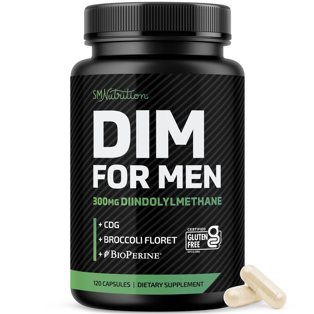 DIM Supplement for Men 300mg | Estrogen Blocker & Aromatase Inhibitor | Extra Strength Men’s Hormone Balance & Fitness Booster with Diindolylmethane Plus CDG & Broccoli Floret | Gluten-Free | 120 Ct