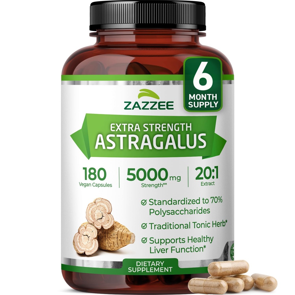 Zazzee 여분 힘 Astragalus 뿌리 20:1 추출물, 5000 mg 힘, 70% 다당류, 180 Vegan 캡슐, 6 달 공급, 100% 채식주의자, 표준화되고 집중된 20X 추출물, 비 GMO