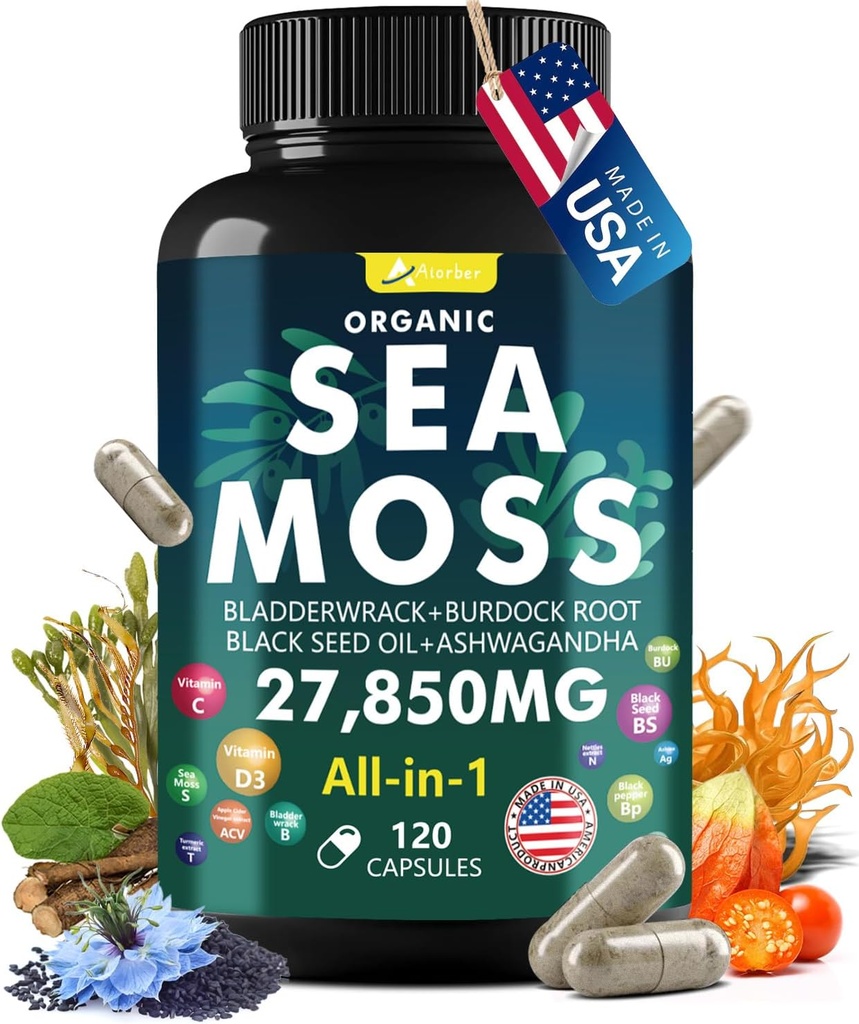 Sea Moss 캡슐 Complex with Sea Moss, Black Seed Oil, Aşhwagandha, Ginger & Vitamins C, D3-120 Capsules, Superfood Supplements - 고급 Seamoss 알약, Wild Sea Moss Pills, 미국산