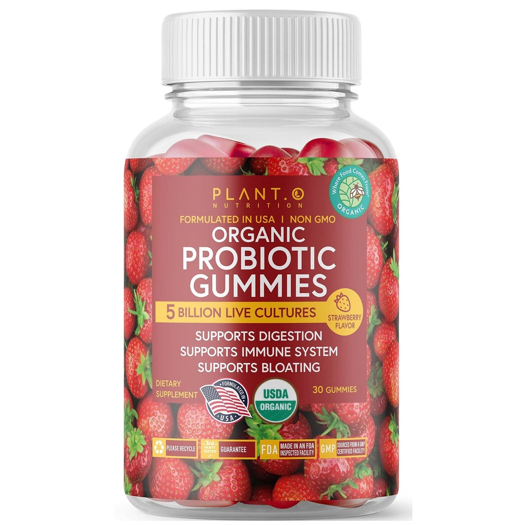 Women, Men & Kids 용 Plant.O 유기 프로 바이오 틱 Gummies [5 억 CFUs USDA 인증] 도움 지원 소화, 출혈, 변비 및 면역 체계, 딸기 풍미, 30 Chewable Probiotics