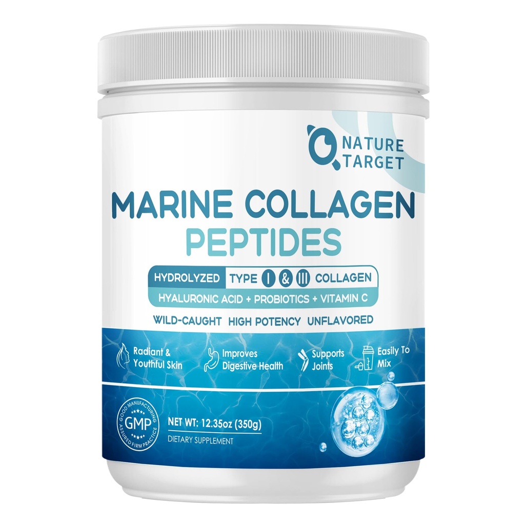 NATURE TARGET Marine Collagen Peptides Powder - Probiotics, 비타민 C & Hyaluronic Acid for Skin, Hair, Nails, Wild-Caught Fish & Grass-Fed Bovine, 35 서빙