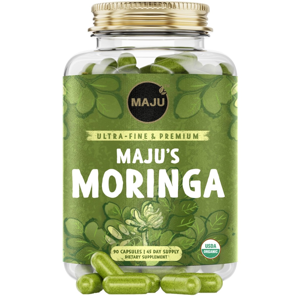 Maju Superfoods Organic Moringa Capsules, Oleifera Leaf, Extra-Fine Quality Moringa Leaves, Dried Drumstick Tree Leaves, 유기농 Moringa 파우더 추출물 보충 캡슐 (90 ct)