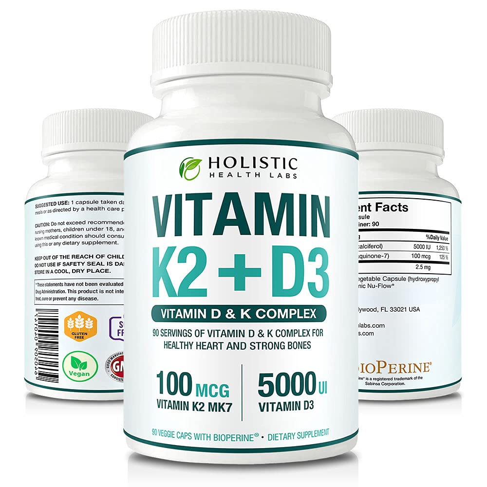 최대 흡수 비타민 K2 + D3 (5000IU) MK-7 (Menaquinone-7) 및 Cholecalciferol (BioPerine 포함) 3 개월 공급 – 건강한 심장과 강한 뼈를 위한 K2를 가진 D3 | 비 GMO