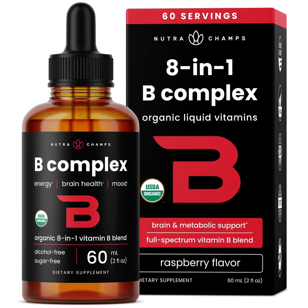 USDA 유기농 비타민 B 복합액류 | B1, B2, B3, B6, B7, B9, 메틸 B12, 성인용 B12 드랍 | Vegan Berry 맛 2oz | 60 인분 / 2 개월 공급