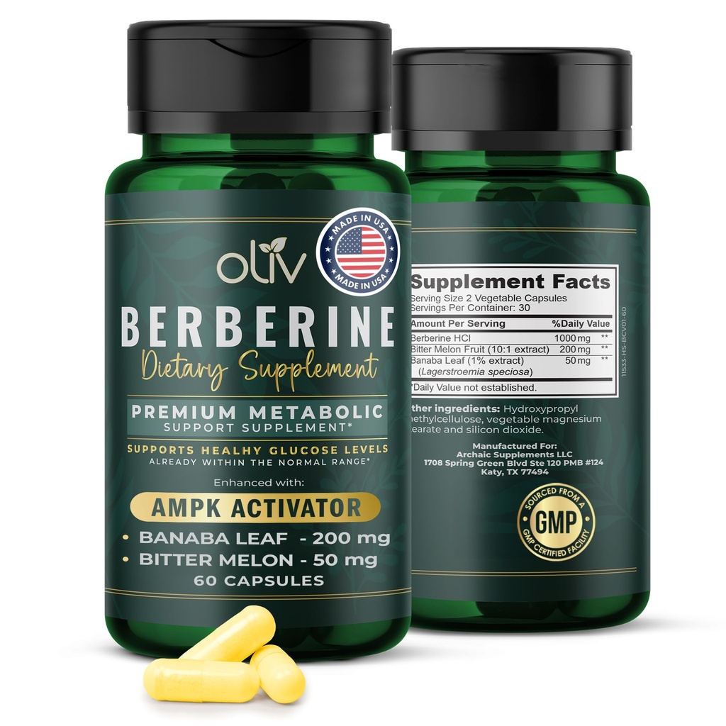 oliv 순수한 Berberine 보충 캡슐 – Berberine HCI 1000mg - 200mg Bitter Melon 과일 추출물과 50mg Banaba 잎을 가진 자연적인 대사 지원 – 2개의 Veggie 캡슐 매일 (30의 서빙)