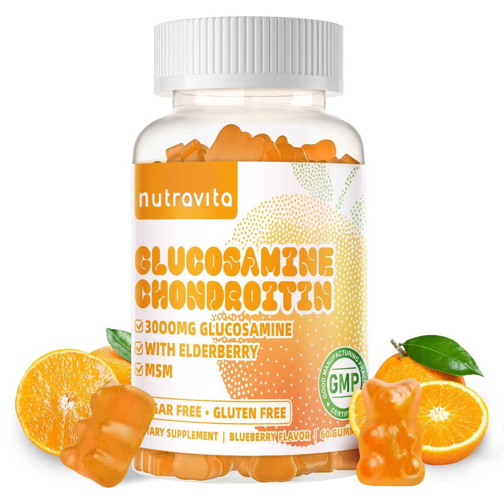Nutravita Glucosamine Chondroitin Gummies MSM 및 Elderberry Extra Strength - 공동 지원, 성인, 남성 및 여성을위한 산화 면역 보조 면역 지원 보충교재.60 오렌지 체스