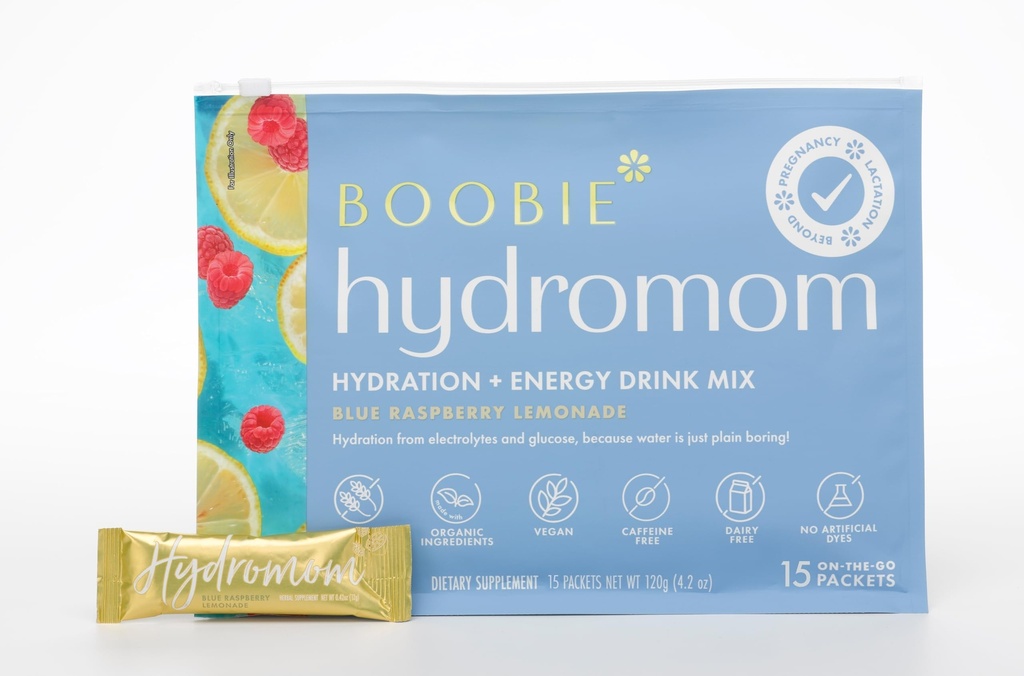 Boobie Hydromom Superfood Electrolyte 음료 믹스, 블루 라즈베리 레몬네이드 | Mamas 용 재생 에너지 및 히드라이즈 부스트 | 임신, Lactation, & Beyond, 15 Packets