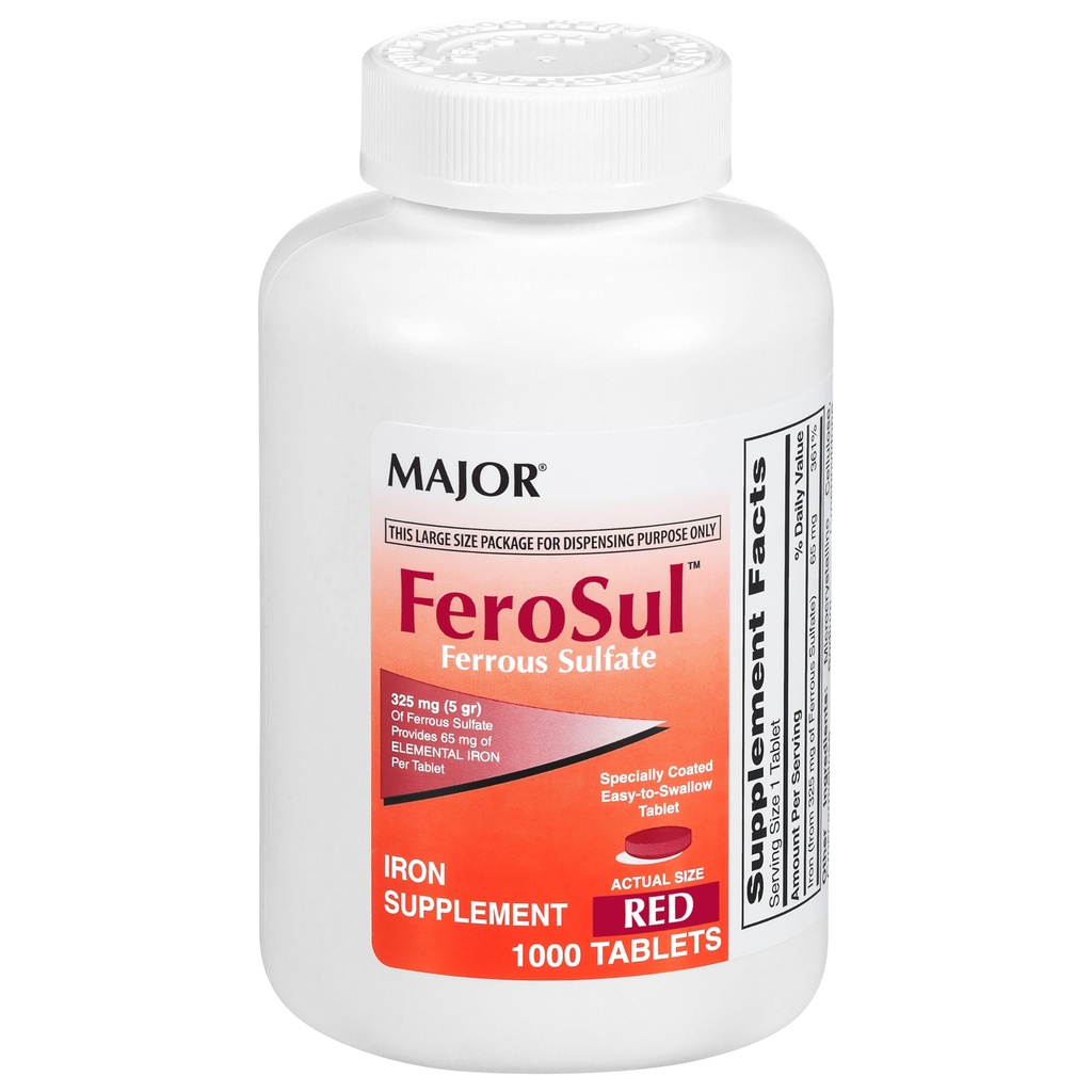 주요 FeroSul - 철 황산염 325 mg 정제 - 여성과 남성을위한 철 보충 - 특별히 코팅 된 쉬운 토 얕은 정제 - 빨간색 - 1000 개