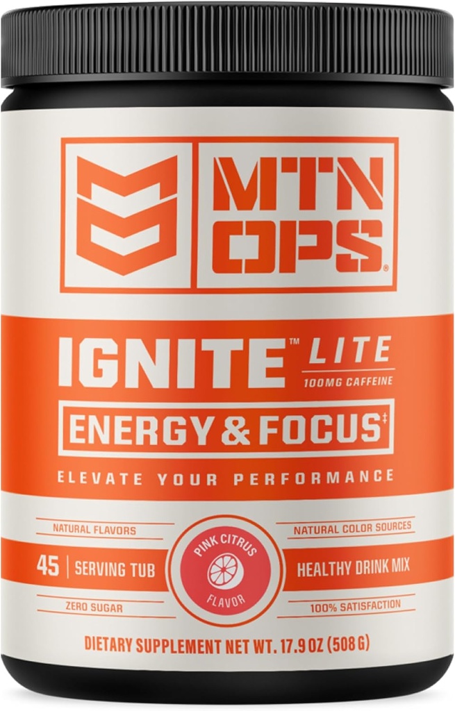 MTN OPS Ignite 라이트 에너지 음료 분말 글루텐 무료 니트로 산화물 보충교재 음료 혼합, L 아르기닌, L Citrulline, 카페인 & Nootropic 설탕 자유로운 음료 혼합, 45의 서빙, 분홍색 감귤류