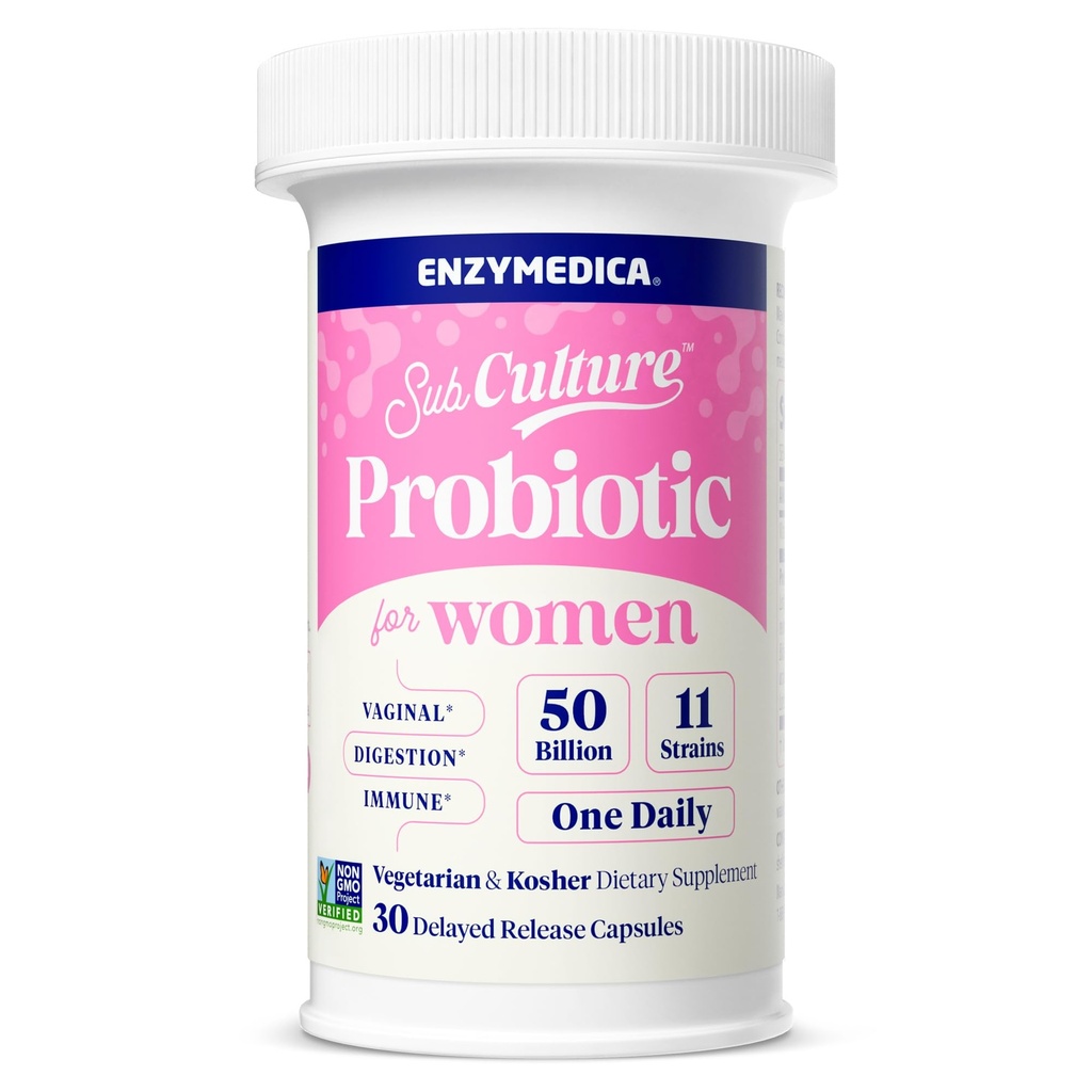 Enzymedica SubCulture Probiotics for Women's Vaginal & Urinary Health, 50 억 CFU, Immune + 소화 건강 및 일반, 30 개 지원