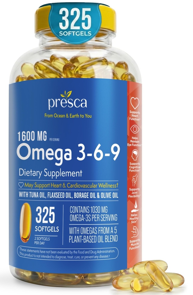Omega 3-6-9 규정식 보충교재 (325 ct.) - 시각 기능 및 눈 건강을 승진시킵니다 - 심장, 심장 혈관 건강, 건강한 피부, 머리 및 전반적인 건강 (Omega 3-6-9)를 지원하십시오