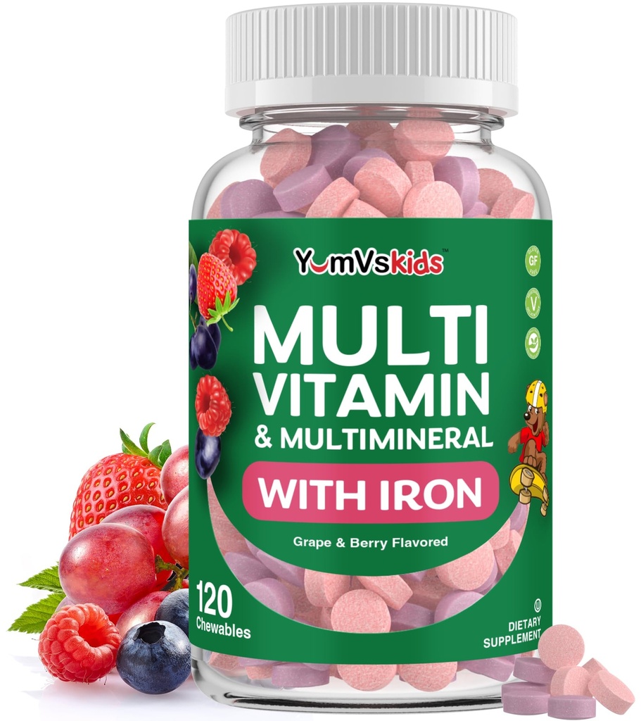 YumVs Kids Multivitamin with Iron & Minerals Chewable Tablets - 유아 및 어린이 연령 2 +을위한 포도 & Berry 풍미 비타민 - 면역 지원을위한 매일 멀티 비타민 - Kosher, Non-GMO - 120 Chewables