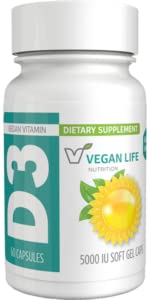 Vegan Life Nutrition - 성인을위한 비타민 D3 일일 캡슐 (5000 IU) - 글루텐 - 무료, 비 GMO, Bone 건강 및 면역 체계 지원 - 60 캡슐