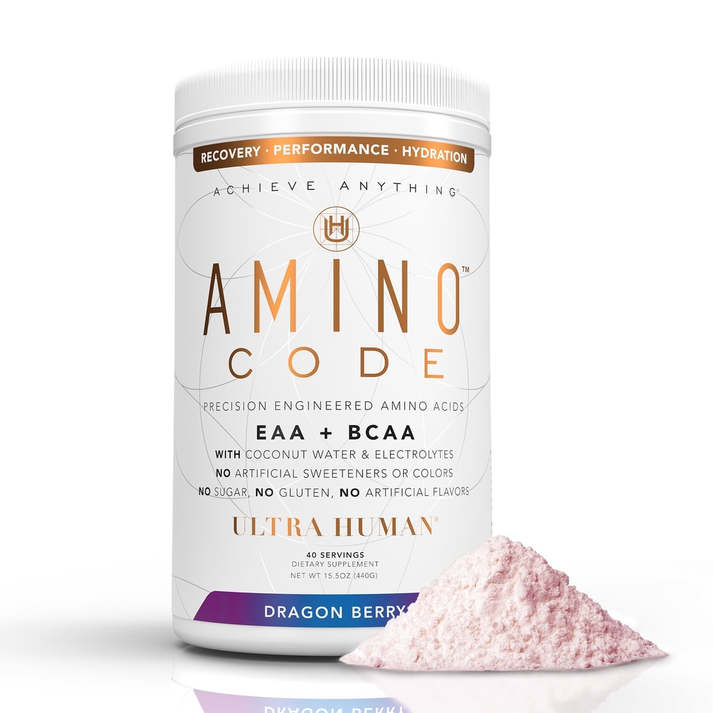 Ultra Human Amino Code | 필수 아미노산 + BCAAs + 코코넛 워터 일렉트로닉스 | 빠른 히드라이즈 운동 회복 맛 아미노산 에너지 분말 음료 | Clean Formula, 40 서빙 - Dragonberry