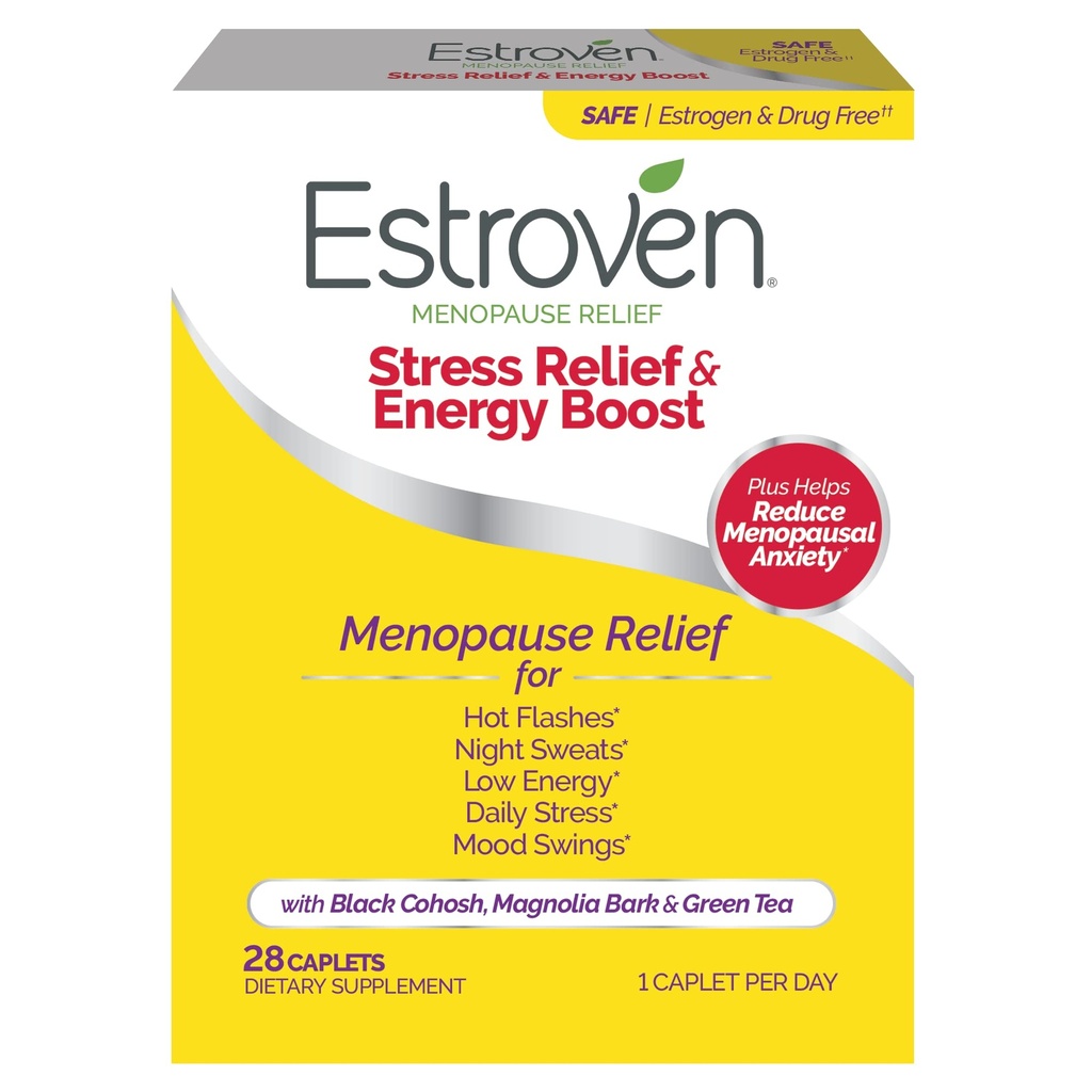 Estroven Stress Relief & Energy Boost for Menopause Relief - 28 Ct. - 임상적으로 입증 된 성분은 스트레스 및 에너지 지원 + 야간 땀 & 핫 플래시 구호를 제공합니다 - 약물 무료 및 글루텐 - 무료