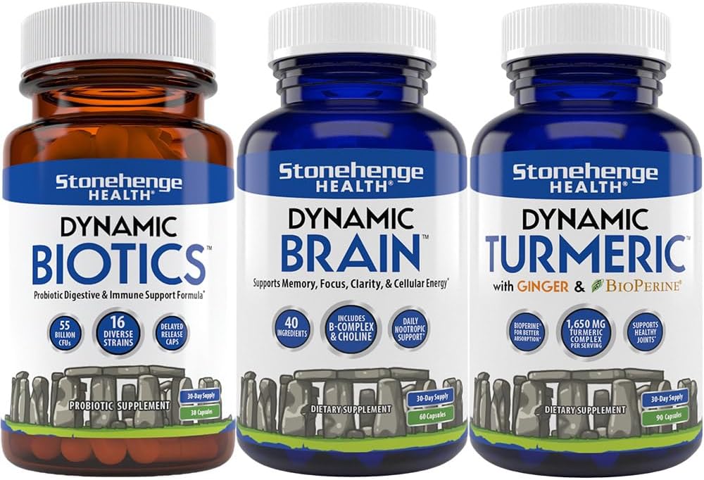 Stonehenge Health Dynamic Biotics Probiotic, Dynamic Brain, Dynamic Turmeric : 에너지, 관절, 소화,인지 지원, 메모리, 초점 및 Clarity