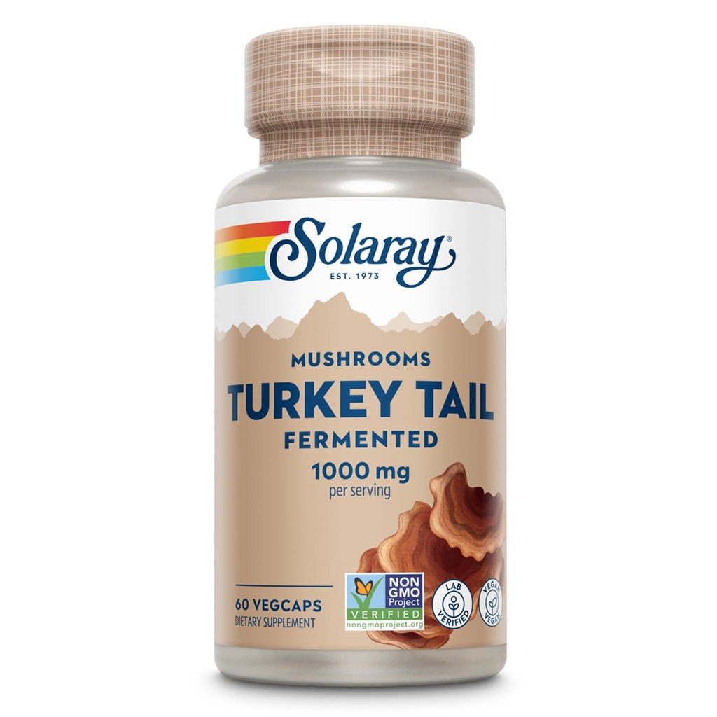 SOLARAY Fermented Turkey Tail Mushroom Supplement 1000mg - 전체 웰빙 지원 - 터키 꼬리 버섯 캡슐 유기농 버섯 - Vegan, Non-GMO, Lab Verified, 60 일 보증, 30 서빙