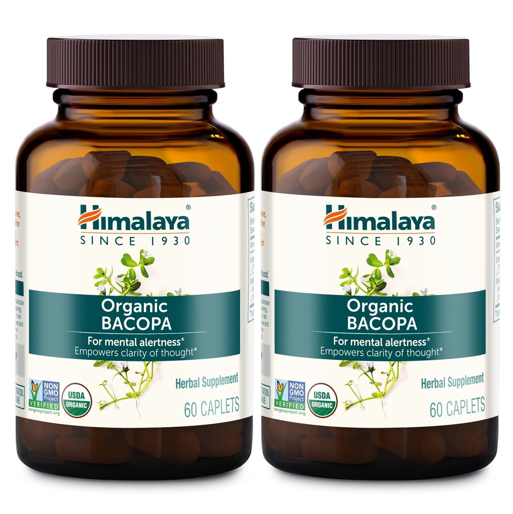 Himalaya Bacopa Monnieri Nootropic 초본 보충교재, 정신 건강, 지원 Calm, 기억, Cognition, USDA 유기, 비 GMO, 750 mg, 60 식물 기초를 두는 모자, 2 팩, 120 일 공급