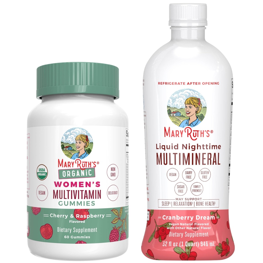 MaryRuth's Multivitamin Gummies for Women (Cherry & Raspberry) & Liquid Nighttime Multimineral (Cranberry) | Clean Label Project Verified® | Vegan, Non-GMO | 뷰티, 베드 타임, 전반적인 건강