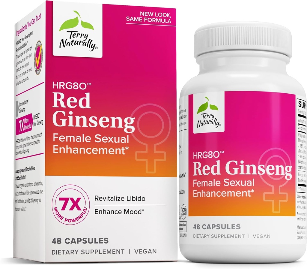 Terry Naturally HRG80 Red Ginseng 여성 성 향상 - 순환, 내구시간 및 에너지 지원을위한 규정식 보충 - Ashwagandha, Red Ginseng 및 아연 - 48 캡슐과 활력 지원